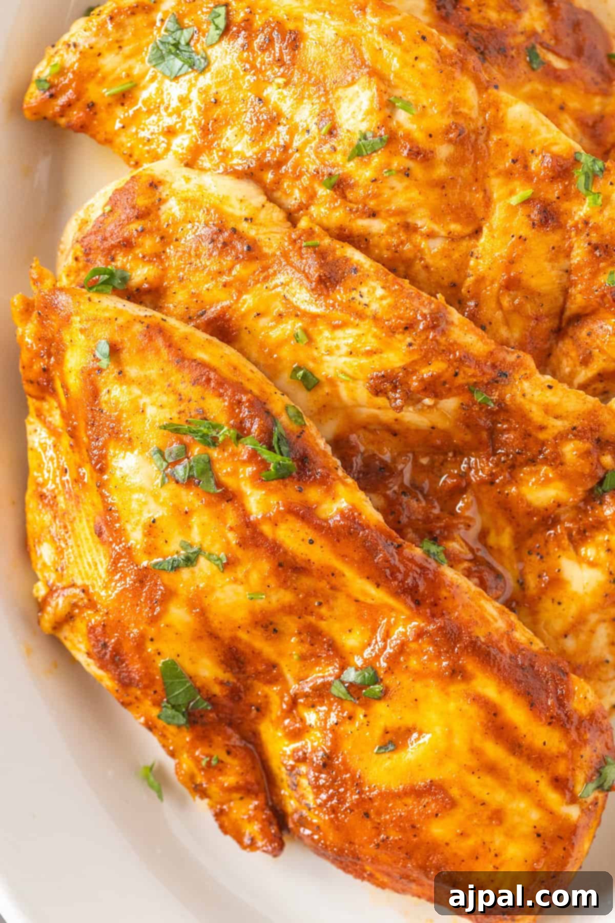 Close-up of seasoned, grilled chicken breasts garnished with fresh herbs on a white plate, showcasing an exquisite chicken breasts recipe.