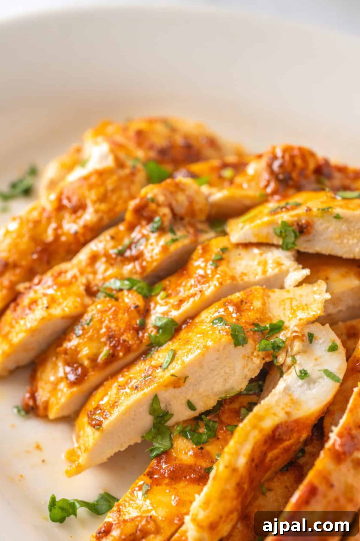 Thinly sliced, baked chicken breasts with a golden-brown crust are garnished with chopped parsley and elegantly served on a white plate.