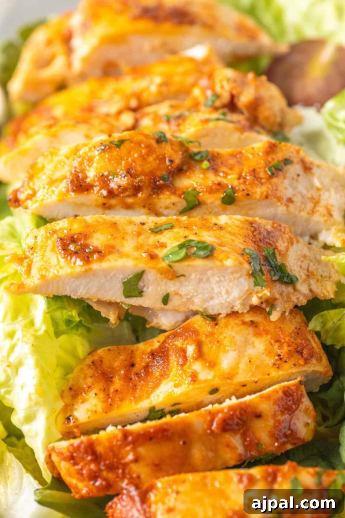Savor thin chicken breast slices, expertly grilled and garnished with herbs, elegantly placed on a lush bed of crisp lettuce leaves.