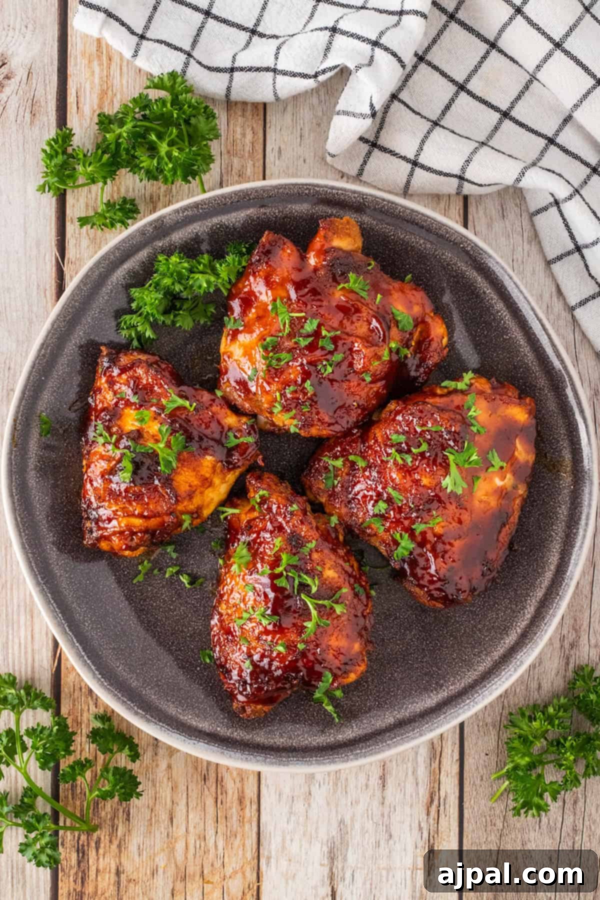 Crispy Air Fryer BBQ Chicken Thighs 11 Four succulent pieces of glazed chicken thighs with chopped parsley rest on a dark plate, set on a wooden surface. Accompanied by a checkered cloth and fresh parsley sprigs, they’re perfect for a quick meal straight from the air fryer.