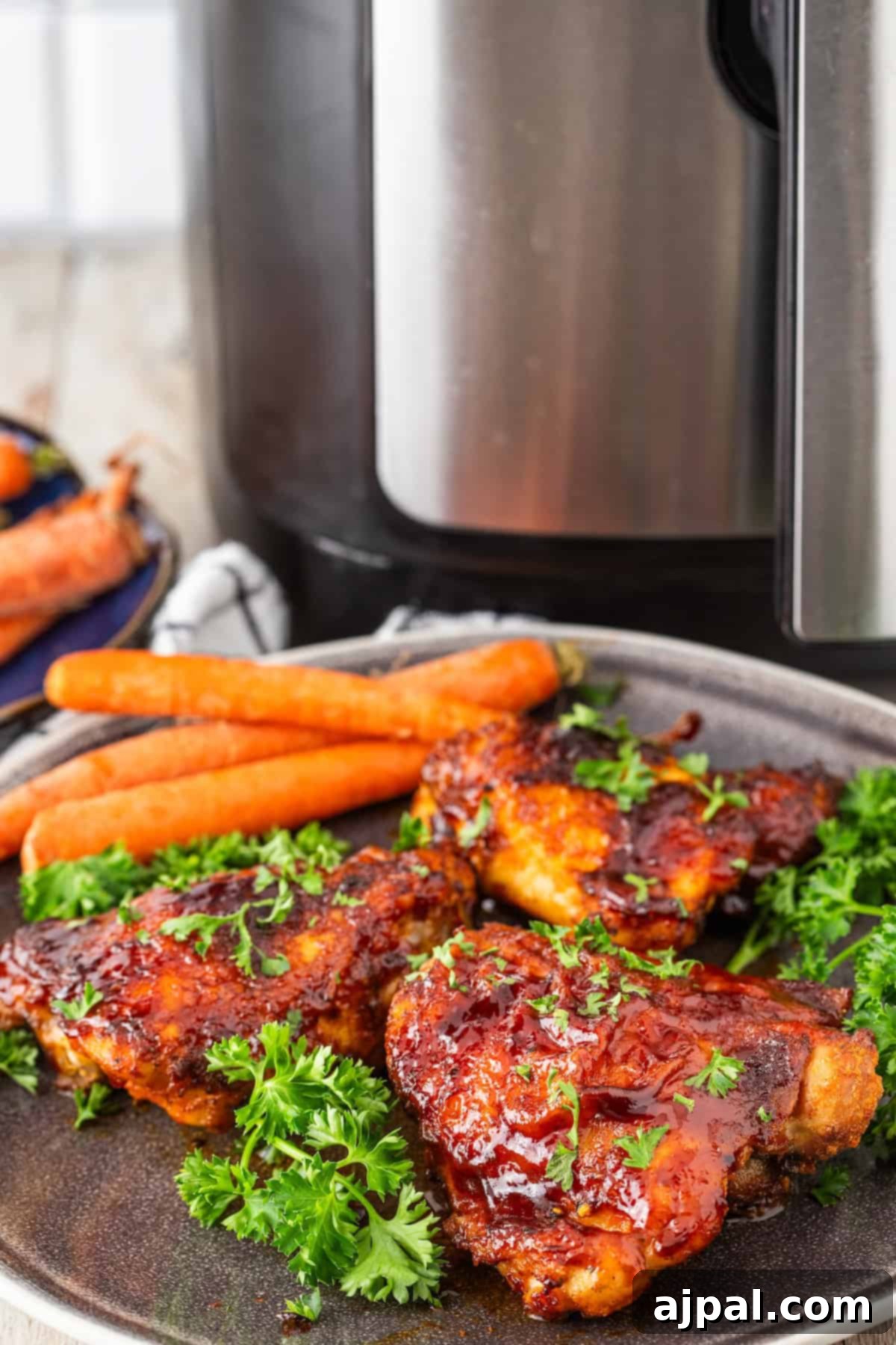 Crispy Air Fryer BBQ Chicken Thighs 12 A plate of succulent BBQ chicken thighs garnished with parsley, accompanied by two whole carrots, sits invitingly. An air fryer hums softly in the background, ready for your next culinary creation.