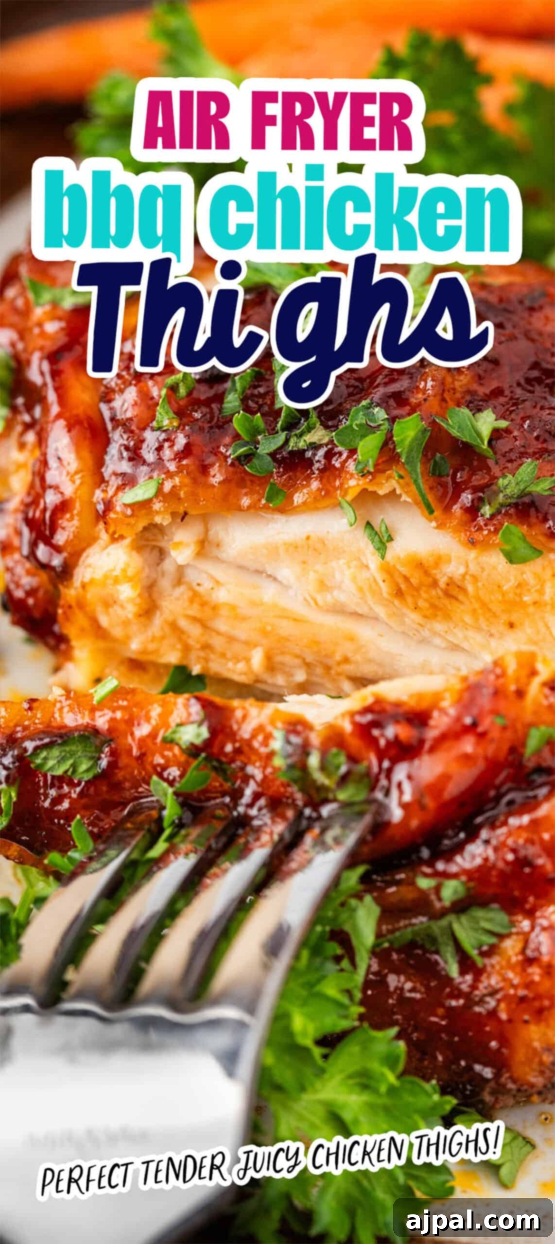 Crispy Air Fryer BBQ Chicken Thighs 13 Close-up of BBQ chicken thighs, meticulously air-fried to perfection, garnished with parsley. This tender and juicy dish highlights the innovative cooking method that brings out irresistible flavors with a crispy finish.
