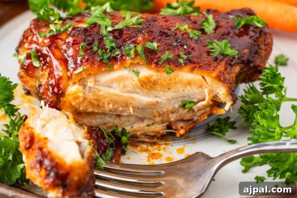 Crispy Air Fryer BBQ Chicken Thighs 9 A glazed, sliced chicken breast with a shiny sauce and chopped parsley garnish on a plate. A fork rests beside it, and carrots are visible in the background, evoking the savory allure of BBQ chicken.