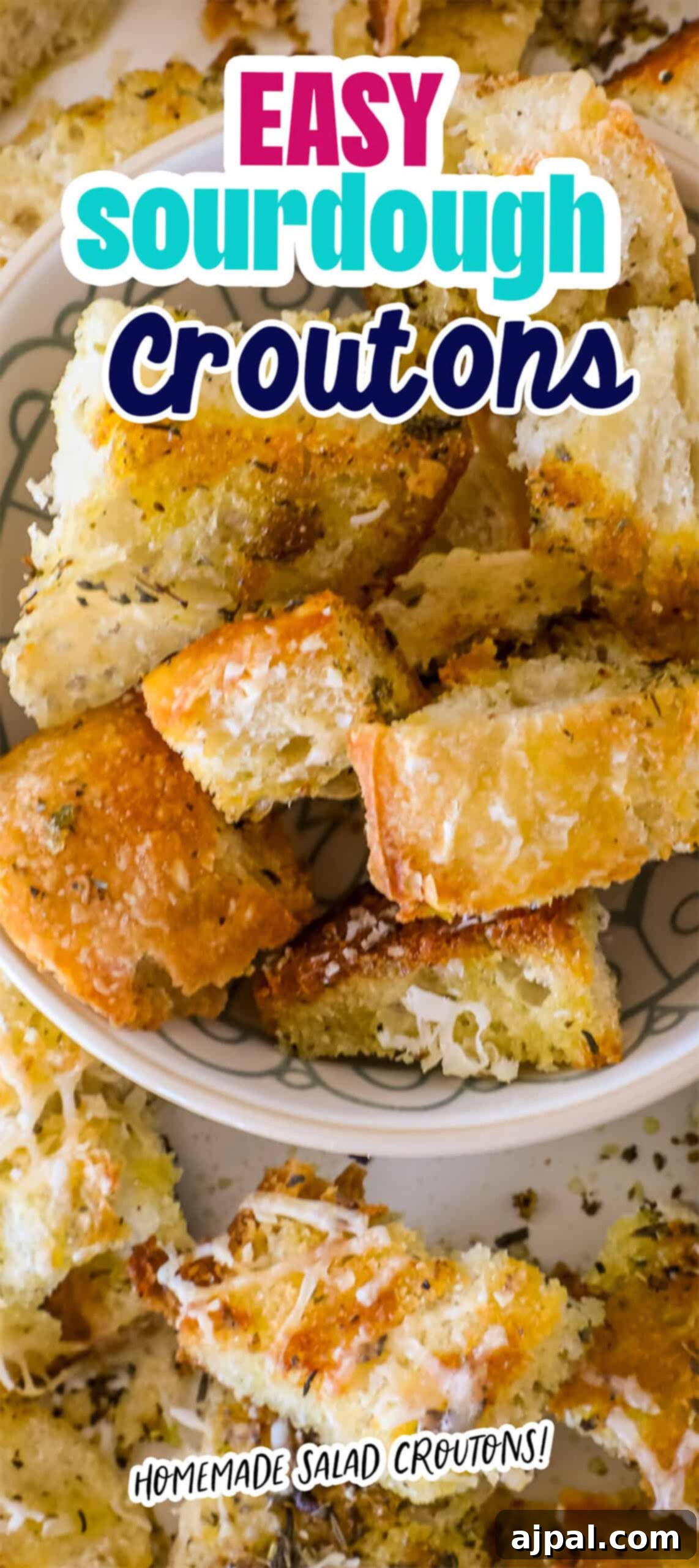 Crispy Sourdough Croutons 9 A bowl of golden-brown, homemade sourdough croutons is perfectly seasoned and labeled with "Easy Sourdough Croutons" and "Homemade Salad Croutons," showcasing a delightful addition to elevate any dish.