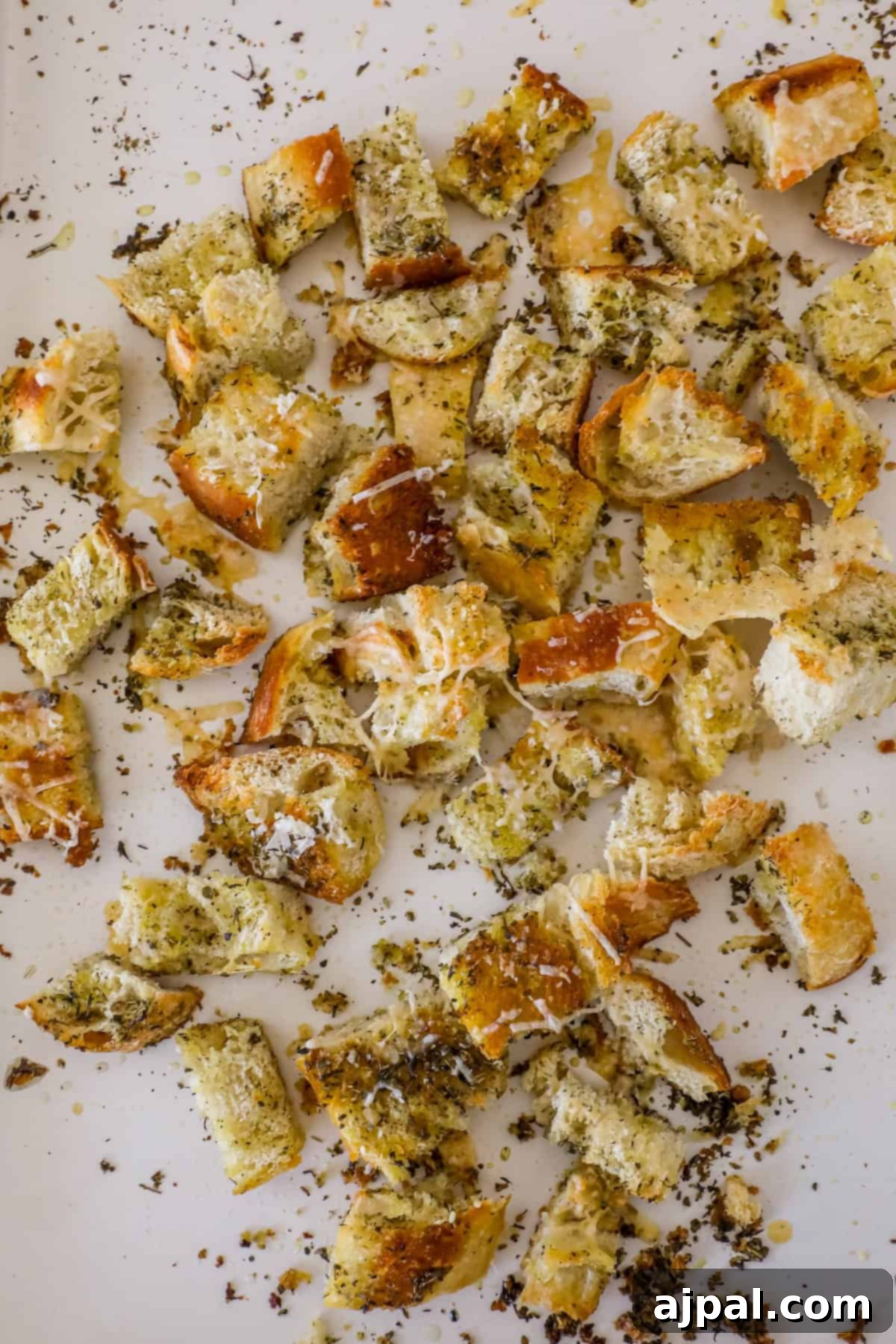 Crispy Sourdough Croutons 6 Sourdough croutons, chunks of bread with herbs and cheese, are scattered artfully on a baking sheet.