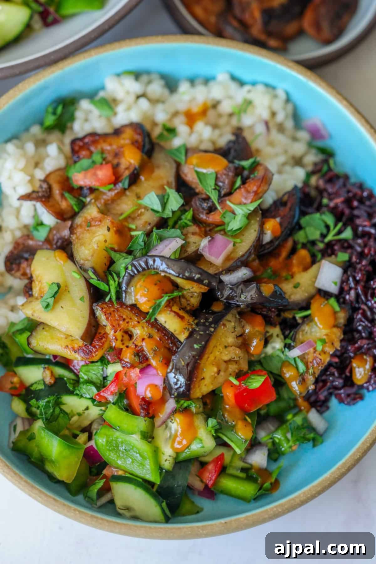 Mediterranean Vegan Sabich Bowls 3 A vibrant vegan bowl featuring grilled eggplant, zucchini, red peppers, brown rice, black rice, cucumber, and herbs, all drizzled with a delicious sauce.