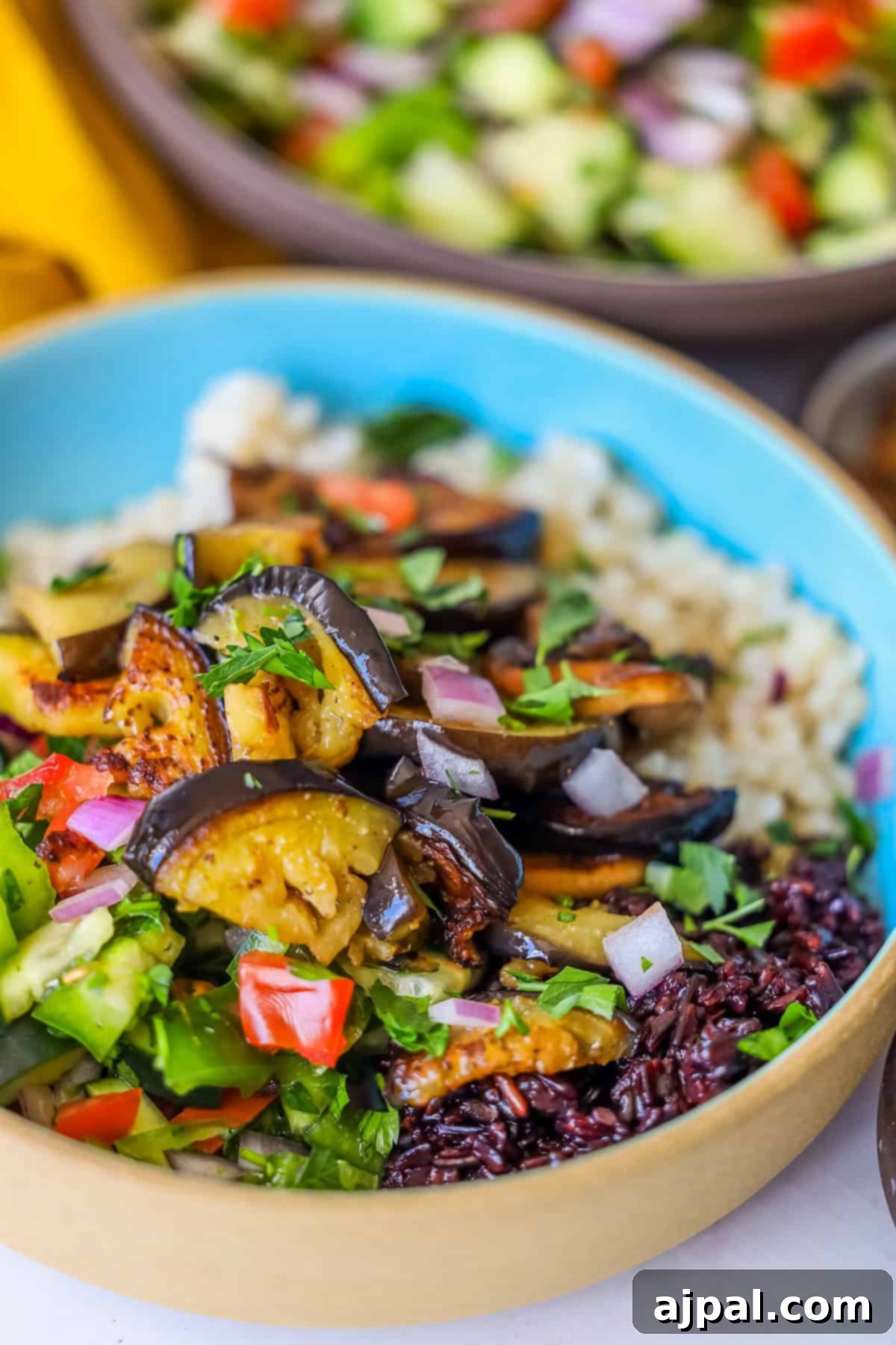 Mediterranean Vegan Sabich Bowls 6 A vibrant vegan bowl featuring roasted eggplant, diced cucumber, tomato, onion, and cilantro over a bed of rice. Inspired by the traditional Sabich dish, this creation is completed with a delightful side dish in the background.