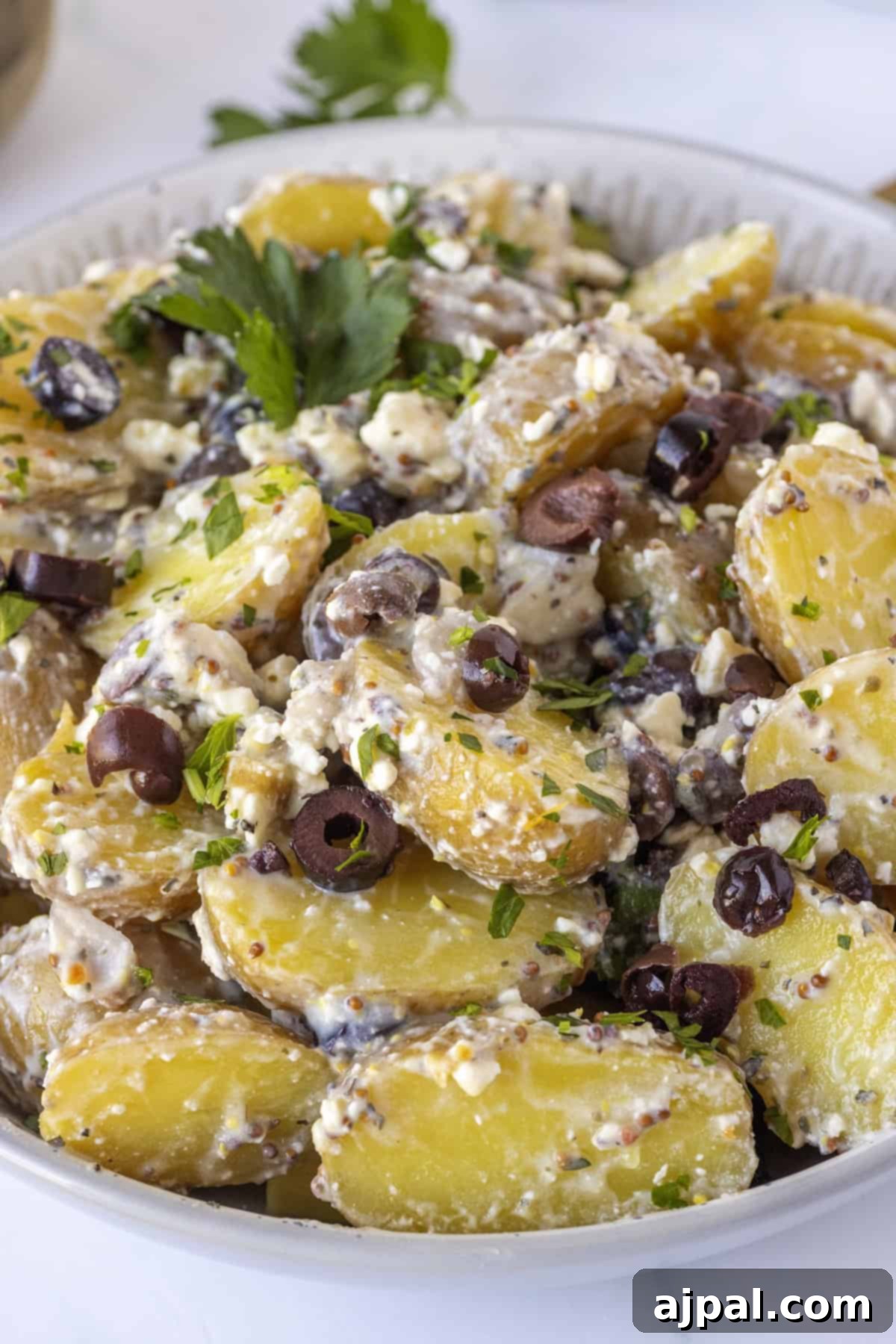 Classic Greek Potato Salad 7 A finished bowl of Greek Potato Salad, perfectly mixed with black olives, chopped herbs, and a creamy dressing, ready to be served.