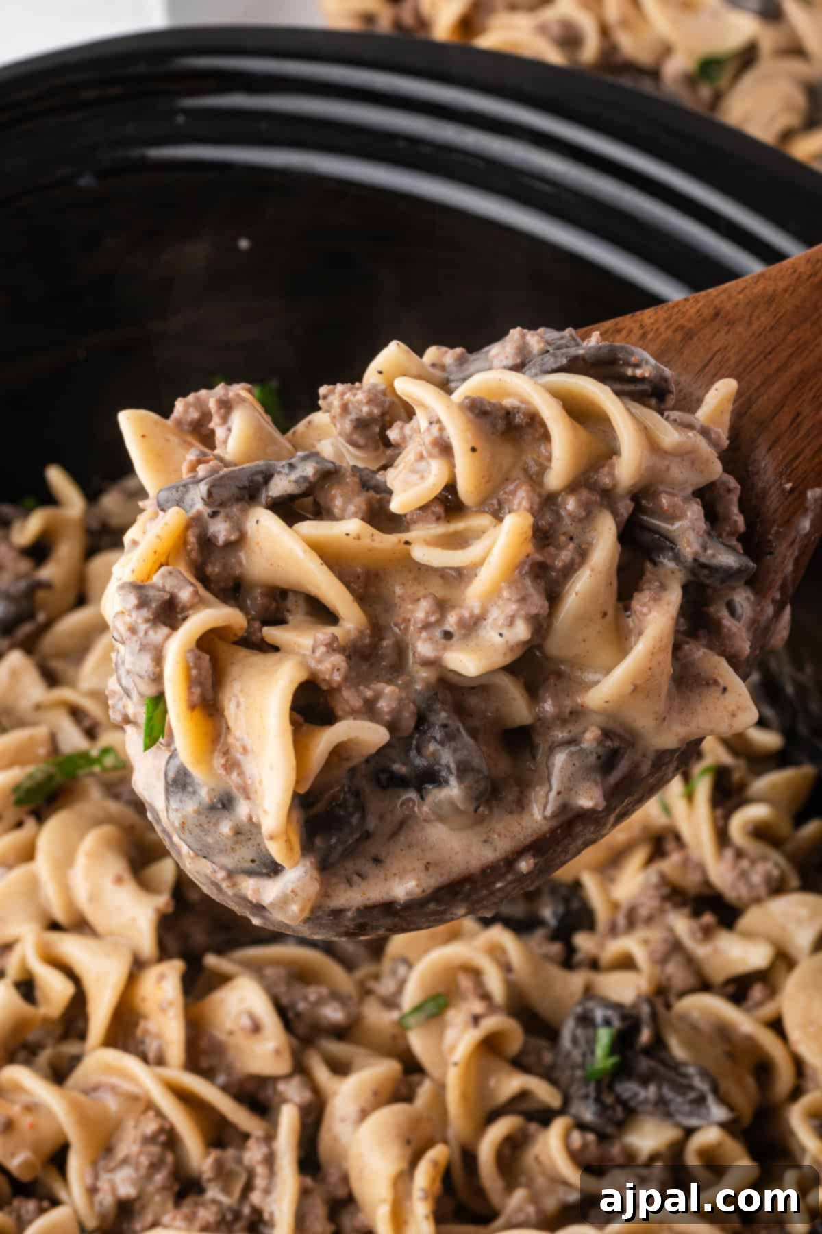 A wooden spoon holds a serving of creamy Beef Stroganoff casserole with mushrooms, lifted above a larger portion in a black pot—the perfect comfort dish for fans of classic beef recipes.