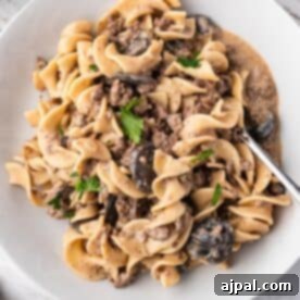 A plate of Slow Cooker Beef Stroganoff with egg noodles, ground beef, mushrooms, creamy sauce, and parsley garnish is served with a fork.