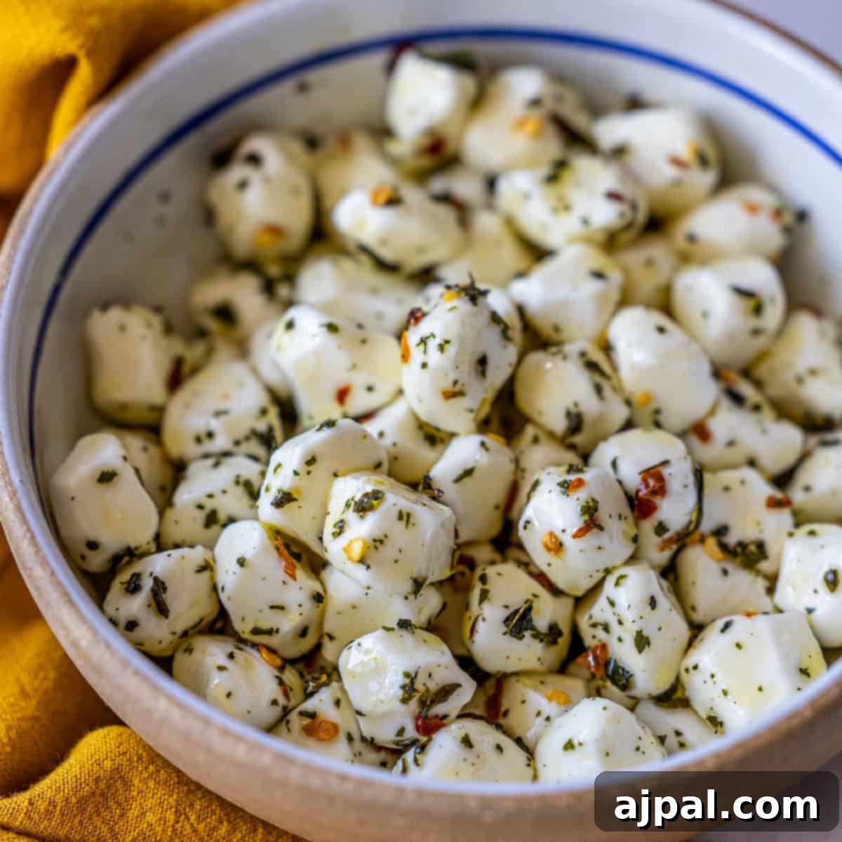 A beautiful bowl brimming with herb-infused marinated mozzarella balls, a delectable mozzarella appetizer seasoned with a medley of herbs and red pepper flakes, artfully arranged on a soft yellow cloth, inviting you to indulge.