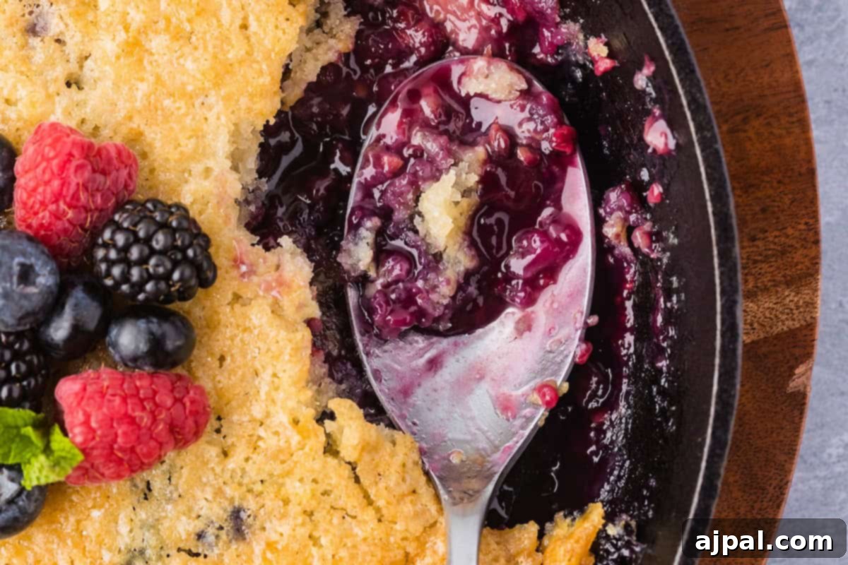 A close-up of a Smoked Berry Cobbler in a skillet, with a spoon scooping out the berry filling and fresh berries on top, ready to be served.
