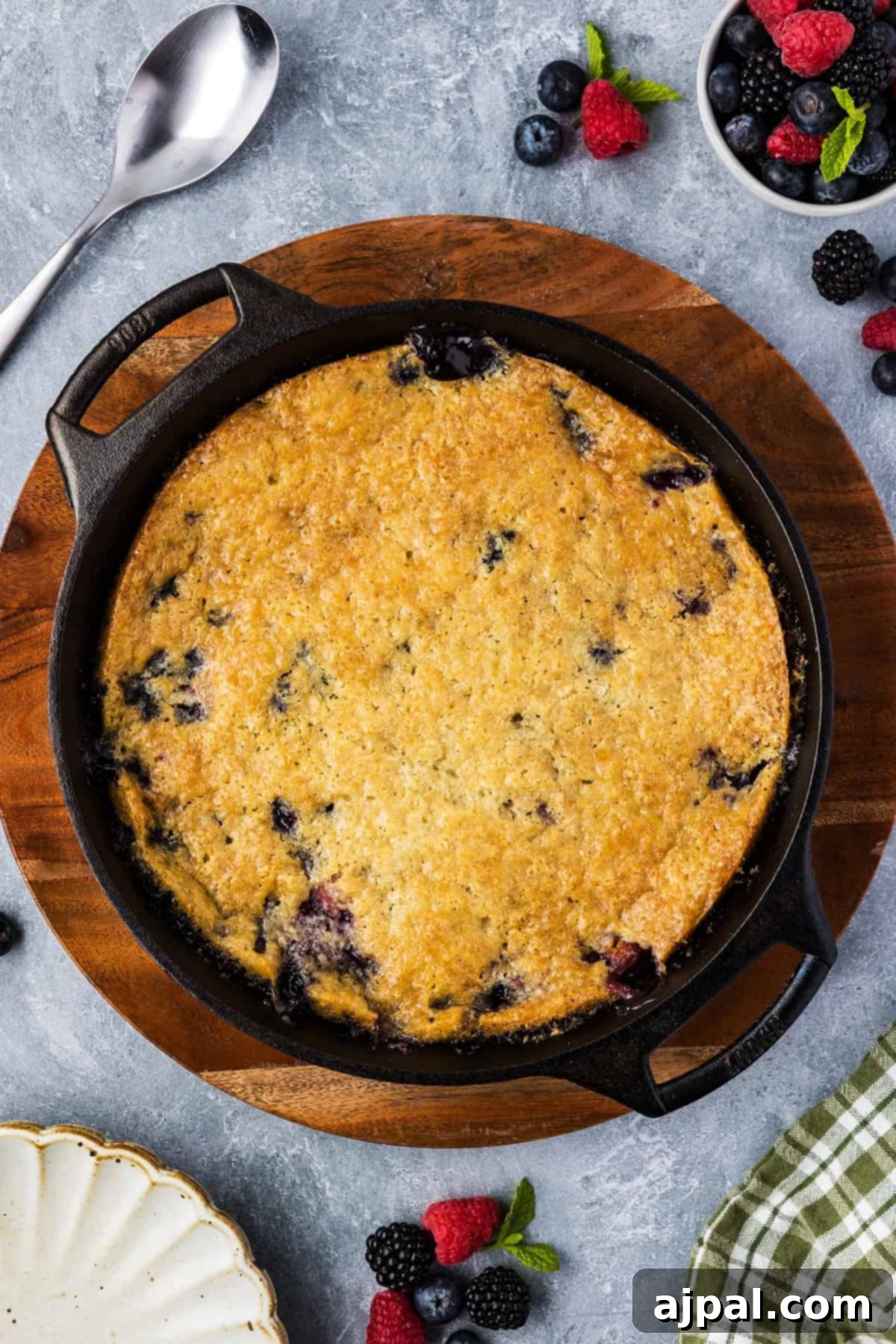 A freshly baked Smoked Berry Cobbler in a cast iron skillet sits on a wooden board, surrounded by fresh berries, a spoon, and a green checkered napkin.