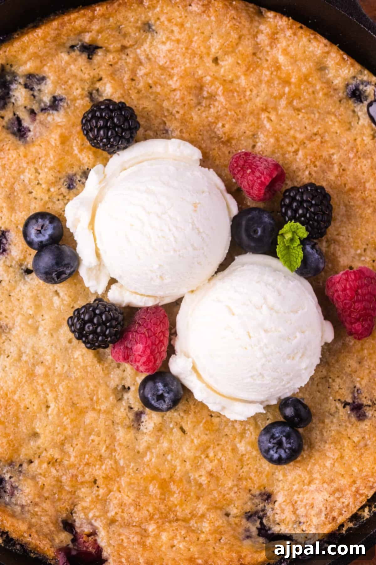 A baked Smoked Berry Cobbler topped with two scoops of vanilla ice cream, fresh blackberries, blueberries, raspberries, and a mint leaf.