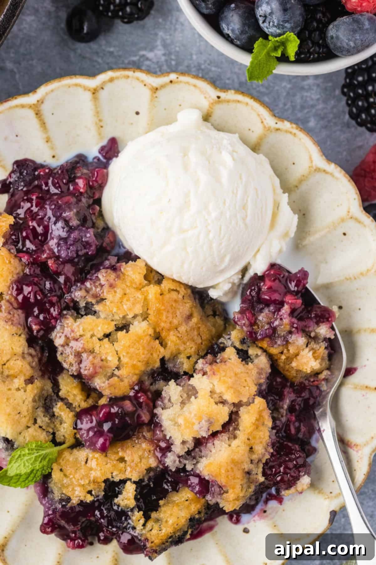 A plate of Smoked Berry Cobbler topped with a scoop of vanilla ice cream, garnished with a mint leaf, served with a spoon on the side.
