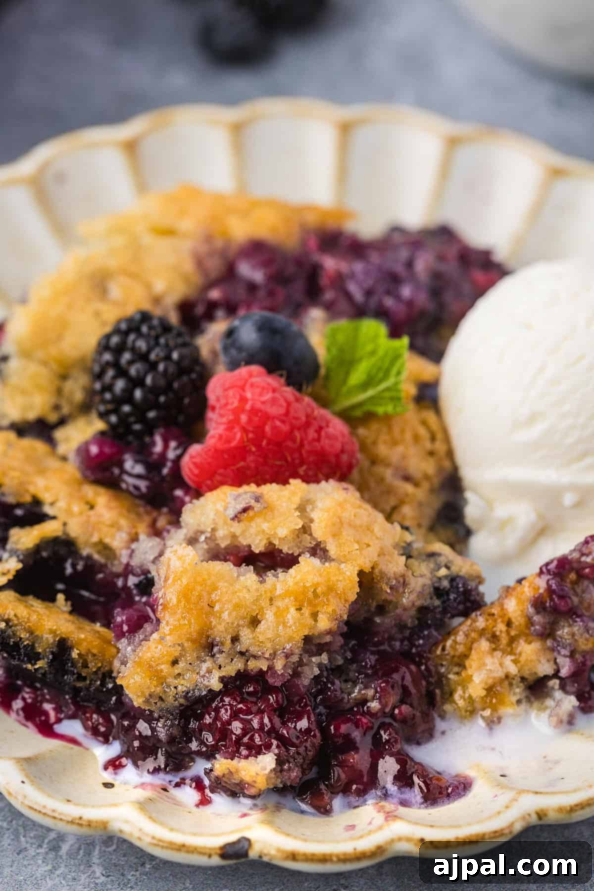 A plate of Smoked Berry Cobbler topped with fresh blackberries, blueberries, a raspberry, a mint leaf, and served with a scoop of vanilla ice cream.