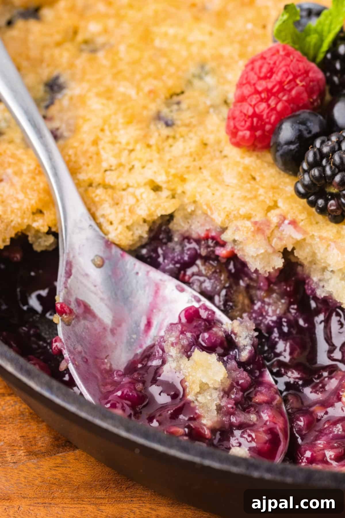 Close-up of a Smoked Berry Cobbler in a pan with a spoon scooping out a portion; fresh berries and a mint leaf garnish the dessert.
