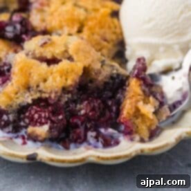 A close-up of a serving of Smoked Berry Cobbler topped with vanilla ice cream on a decorative plate.
