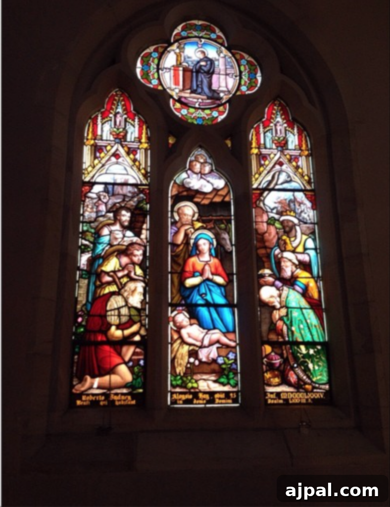 Stained Glass at St Stephens Brisbane depicting the birth of Jesus.