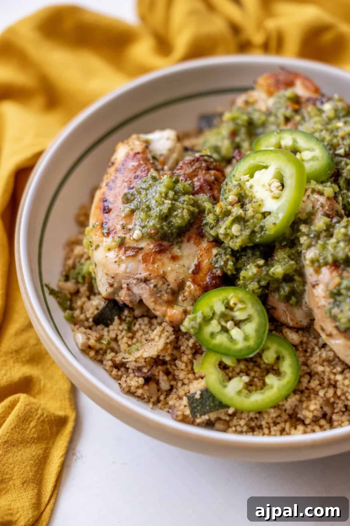Zesty Zhoug Chicken Thighs 2 A vibrant bowl of couscous topped with grilled zhoug chicken thighs, fresh green salsa, and thinly sliced jalapeños, resting beside a yellow linen cloth.