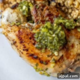 Close-up shot of perfectly cooked, juicy chicken thighs generously topped with vibrant green Zhoug sauce, served alongside a wholesome grain salad, ready to be enjoyed.