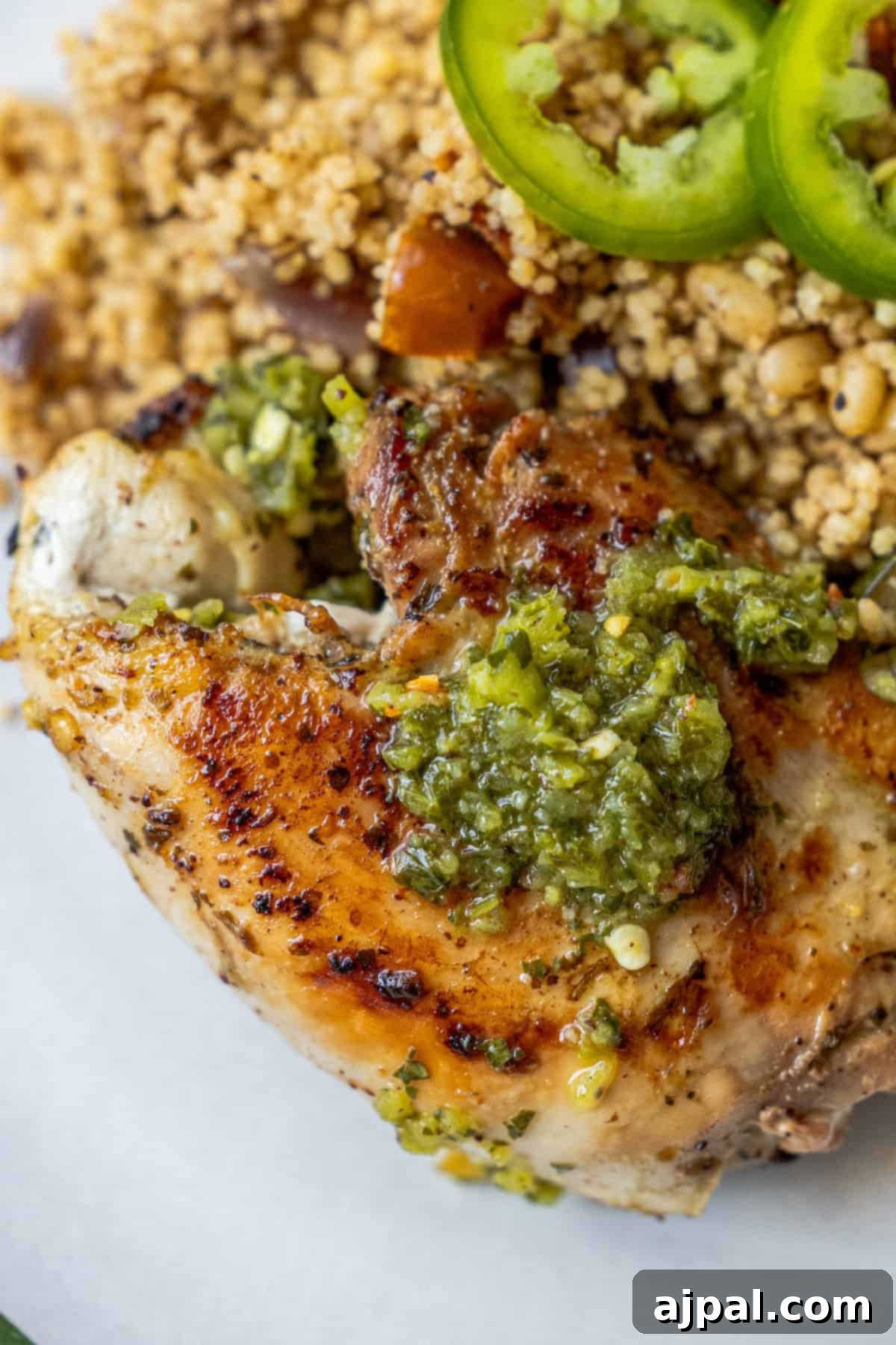 Perfectly grilled Zhoug chicken thighs, generously topped with an intensely green Zhoug sauce, presented on a white plate alongside fluffy couscous and thinly sliced jalapeño peppers.