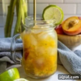 A mason jar filled with a refreshing peach La Croix mocktail, garnished with a lime wheel and served with a straw; peaches and limes are visible in the background.