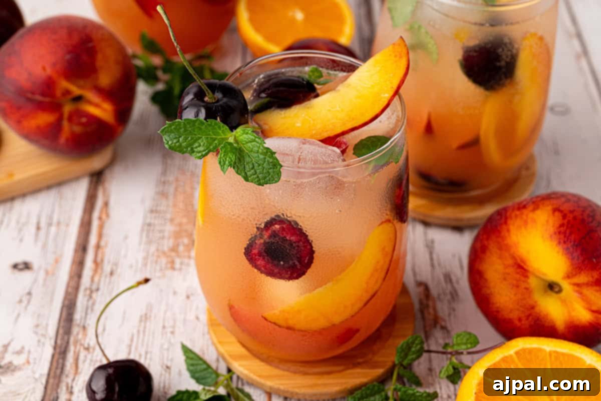 Vibrant Stone Fruit Refresher 12 A refreshing glass of stone fruit sangria mocktail garnished with peach slices, cherries, orange slices, and mint, surrounded by fresh peaches and orange slices on a wooden table.