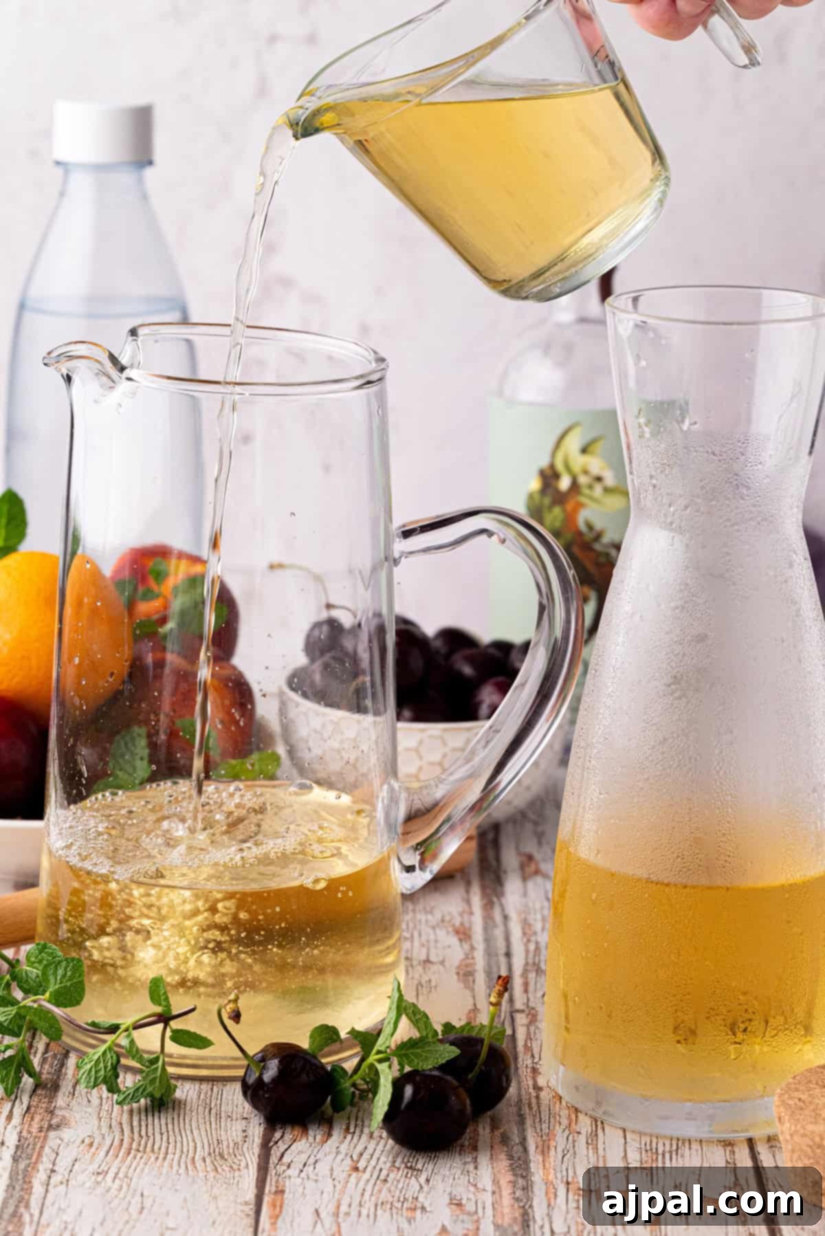 Vibrant Stone Fruit Refresher 6 A glass pitcher is being filled with a yellow Sangria Mocktail. Next to it is a carafe with a similar drink, assorted stone fruit, and fresh mint on a wooden surface.
