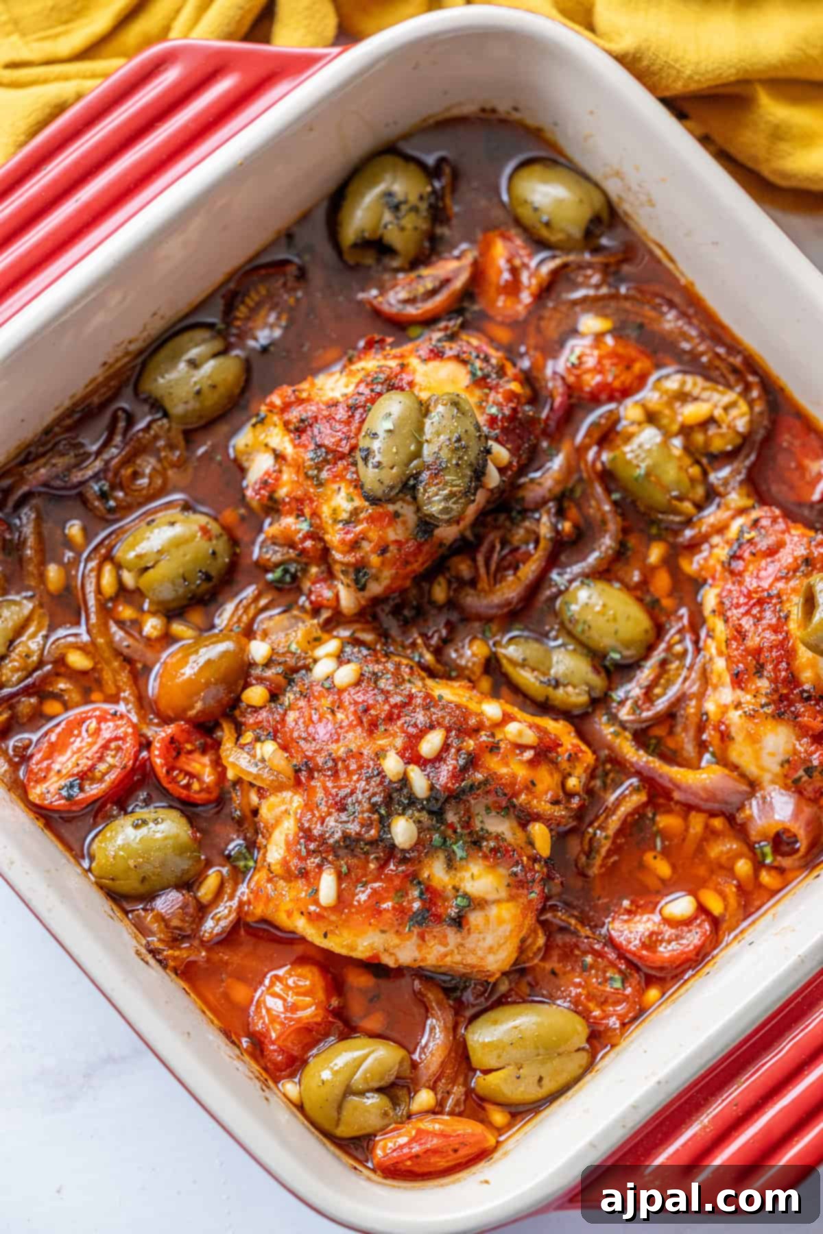 Zesty Harissa Chicken Thighs with Briny Olives 2 Baked chicken thighs in tomato sauce with green olives, cherry tomatoes, red onions, and pine nuts in a rectangular red and white baking dish.