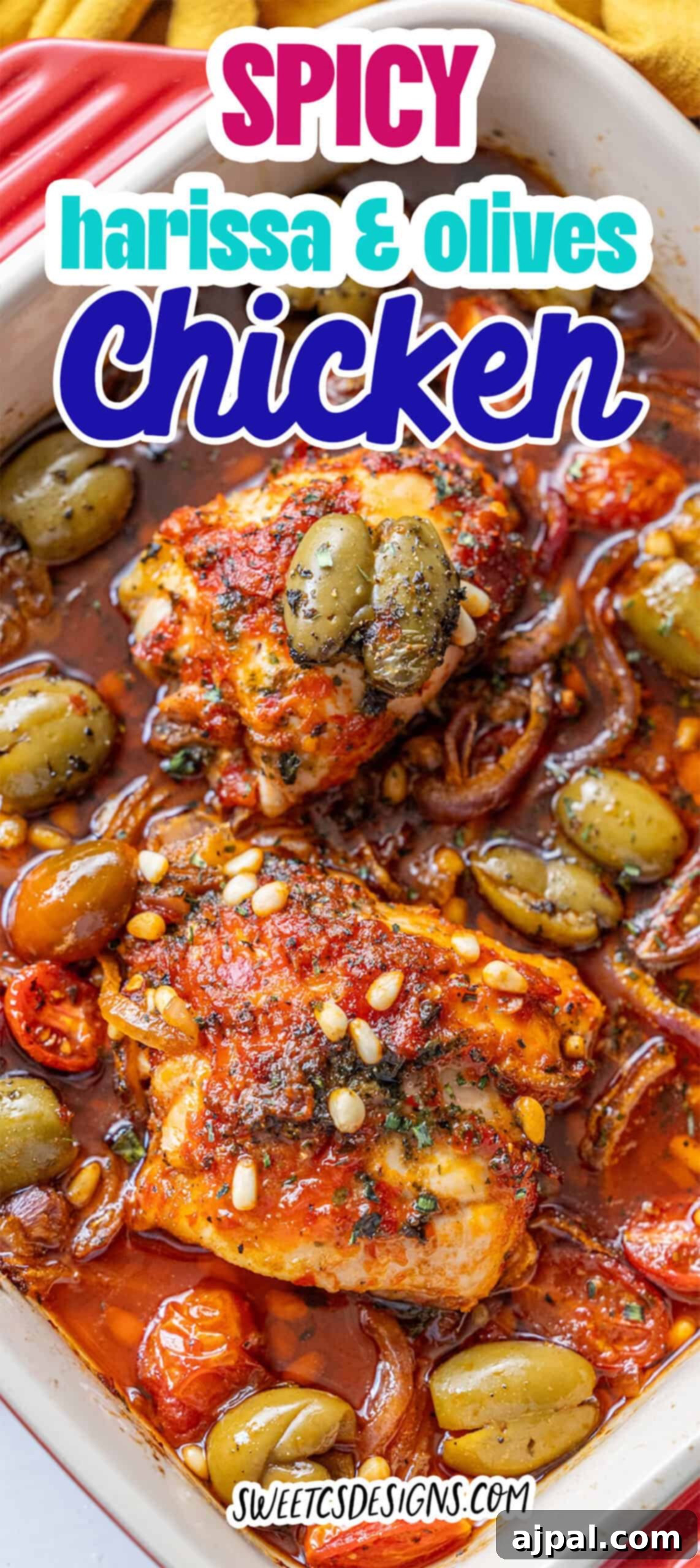 Zesty Harissa Chicken Thighs with Briny Olives 12 Harissa Baked Chicken with Smashed Olives: Baked chicken thighs topped with spicy harissa sauce, smashed green olives, pine nuts, and tomatoes in a white dish with text overlay reading "Spicy harissa & olives chicken.