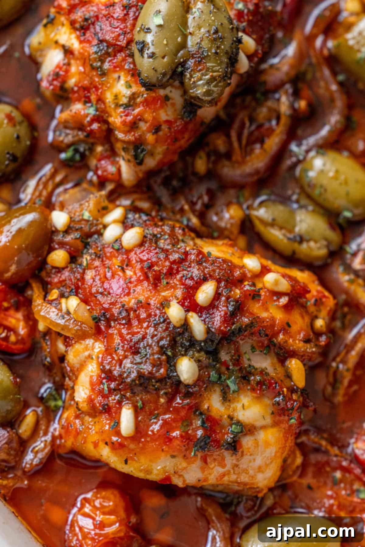 Zesty Harissa Chicken Thighs with Briny Olives 3 Close-up of cooked chicken topped with tomato sauce, pine nuts, herbs, and green olives in a rich, saucy mixture.