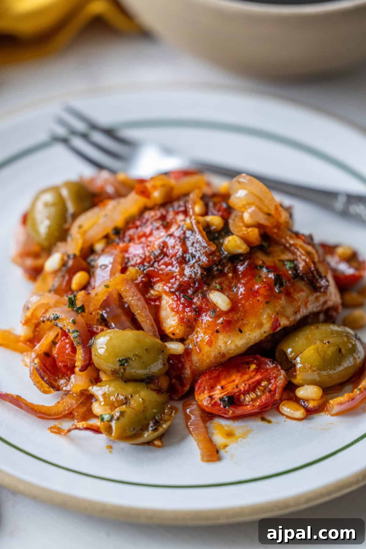 Zesty Harissa Chicken Thighs with Briny Olives 4 A plate of baked chicken topped with tomato sauce, olives, onions, pine nuts, and herbs, with a fork resting beside the food.