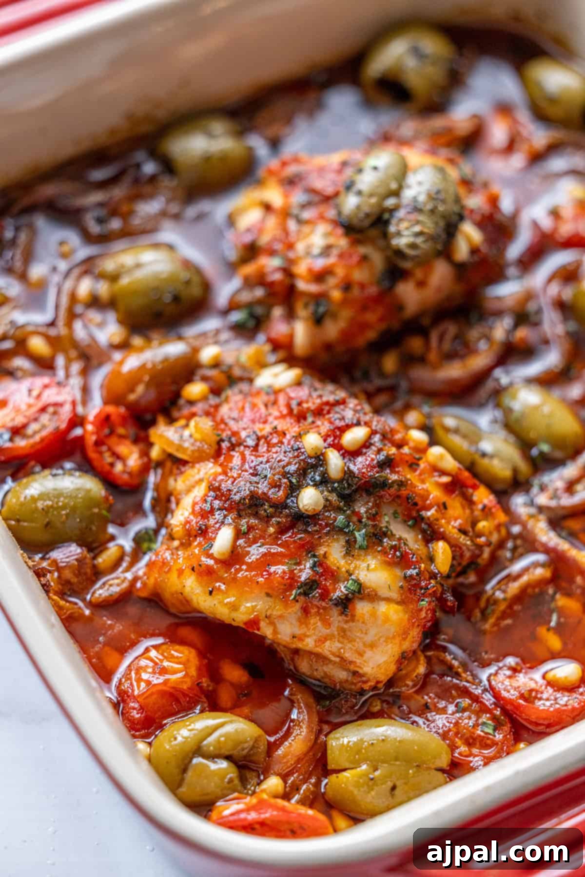 Zesty Harissa Chicken Thighs with Briny Olives 5 Baked chicken thighs in tomato sauce with green olives, pine nuts, and herbs in a casserole dish.