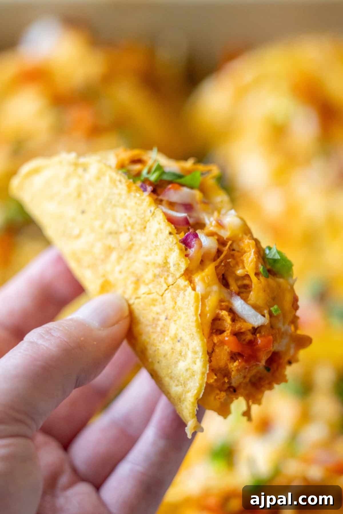 A hand holds a hard shell taco filled with shredded meat, melted cheese, chopped onions, and herbs—perfect for those who love Baked Chicken Tacos.