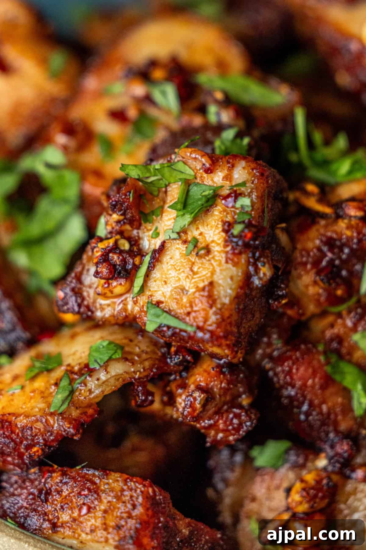 Glazed Asian Pork Belly Morsels 2 Close-up of crispy Pork Belly Bites, seasoned and glazed for a sticky pork belly finish, garnished with chopped fresh herbs.