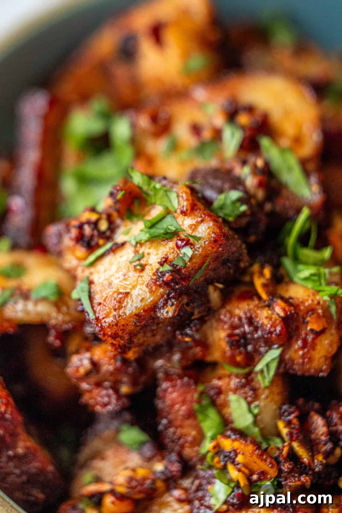 Glazed Asian Pork Belly Morsels 9 Close-up of crispy, spiced potato cubes garnished with chopped fresh herbs, served alongside tender Sticky Asian Pork Belly.