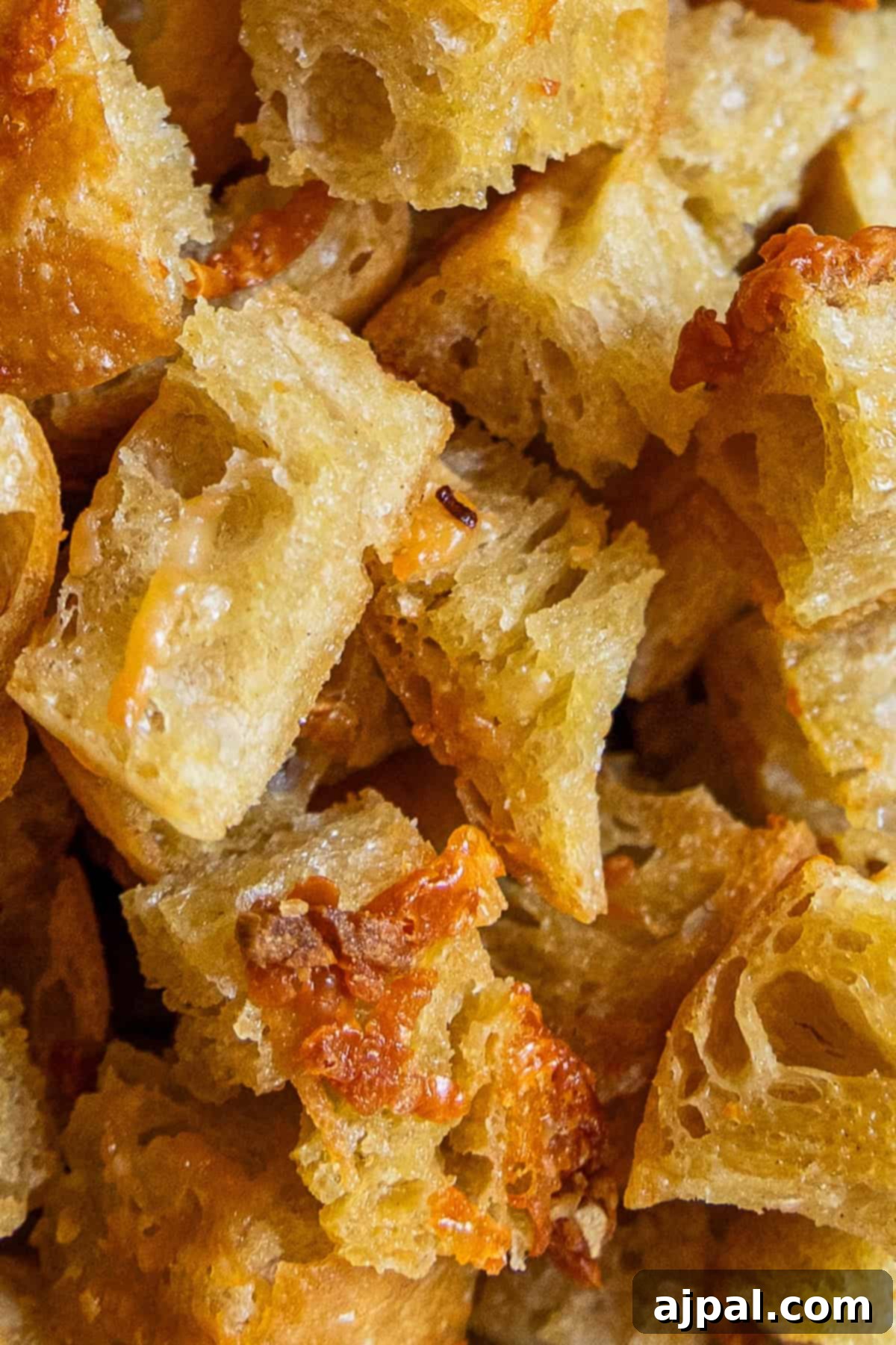 Crunchy Bread Bites 2 Close-up of several pieces of crusty, golden-brown bread with a chewy texture, topped with melted cheese—perfect for making flavorful homemade croutons.