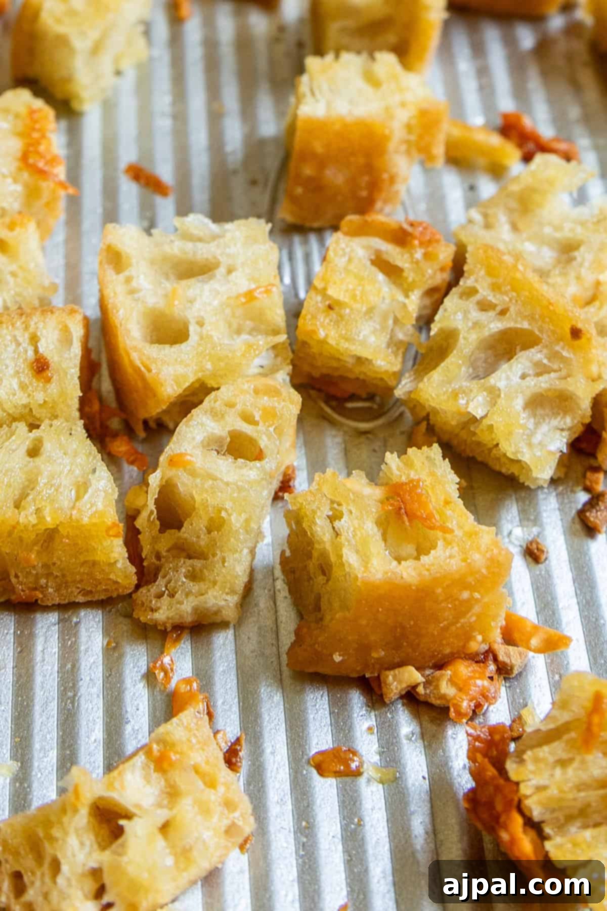 Crunchy Bread Bites 4 Cubed pieces of homemade croutons, golden toasted with visible air pockets and bits of melted cheese, rest on a ridged baking sheet.