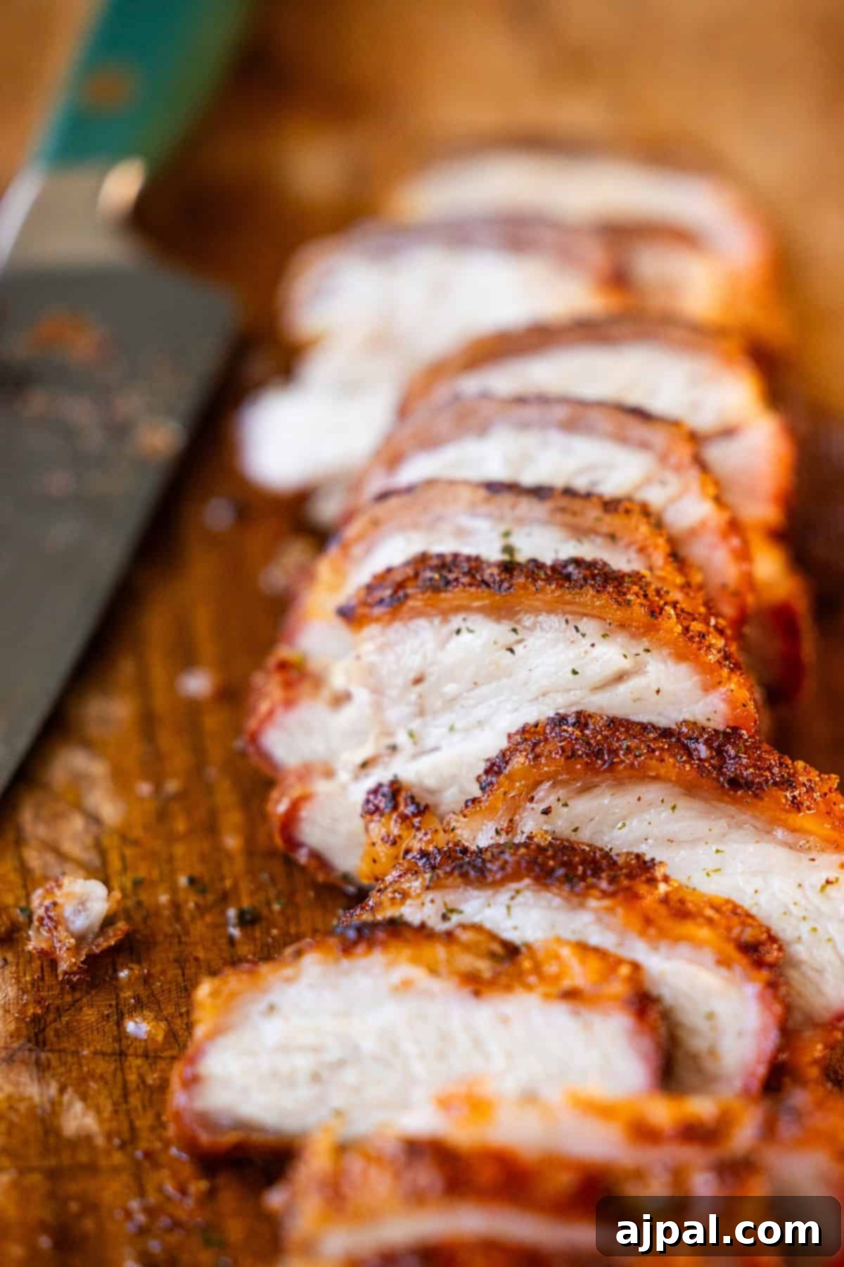 Ultimate Crispy Pork Belly 3 Sliced, seasoned cooked chicken breast on a wooden cutting board next to a kitchen knife, with tender roasted pork belly nearby.