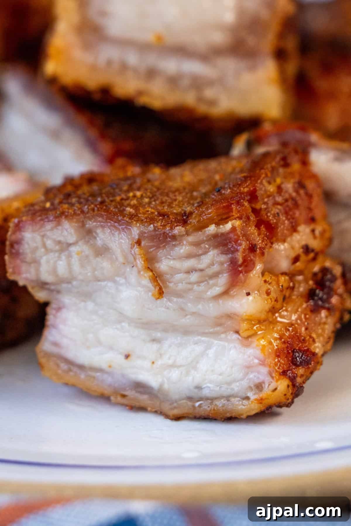 Ultimate Crispy Pork Belly 4 Close-up of roasted pork belly with crispy skin and visible layers of meat and fat, resting on a white plate.