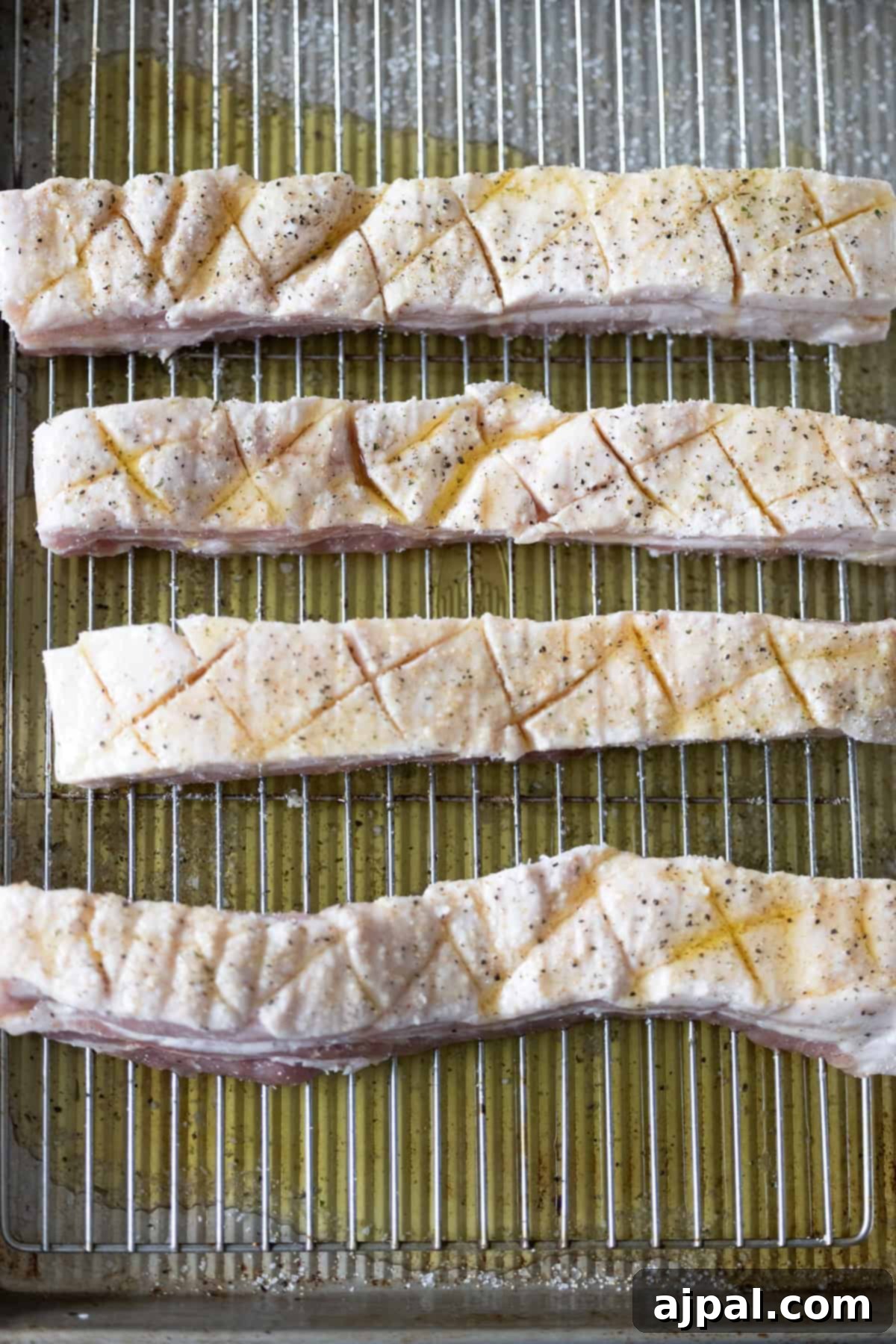Ultimate Crispy Pork Belly 7 Four scored and seasoned roasted pork belly strips rest on a wire rack over a baking sheet, ready for roasting.