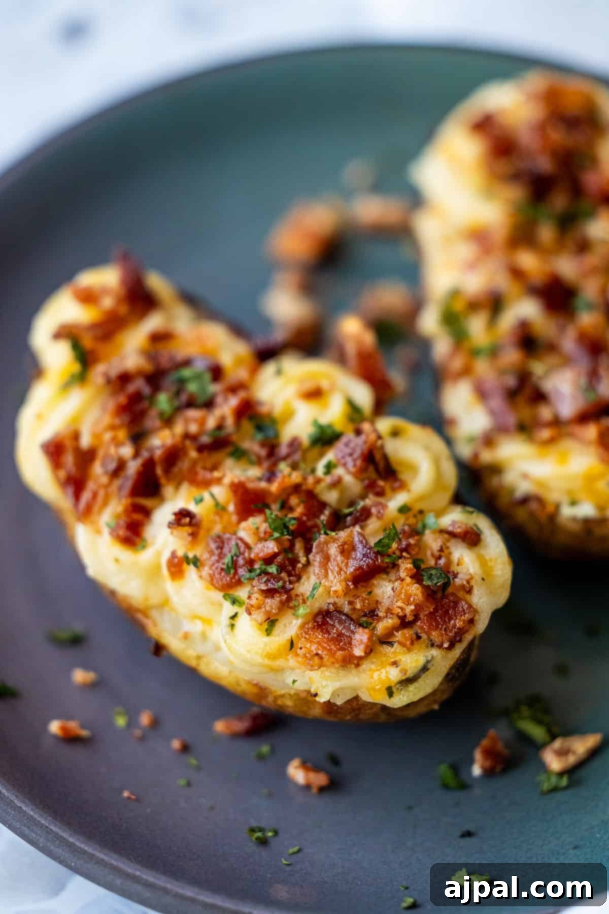 The Ultimate Double-Baked Potato 2 Two twice-baked potato halves topped with melted cheese, chopped bacon, and fresh herbs on a dark plate, showcasing a rich and savory comfort food.