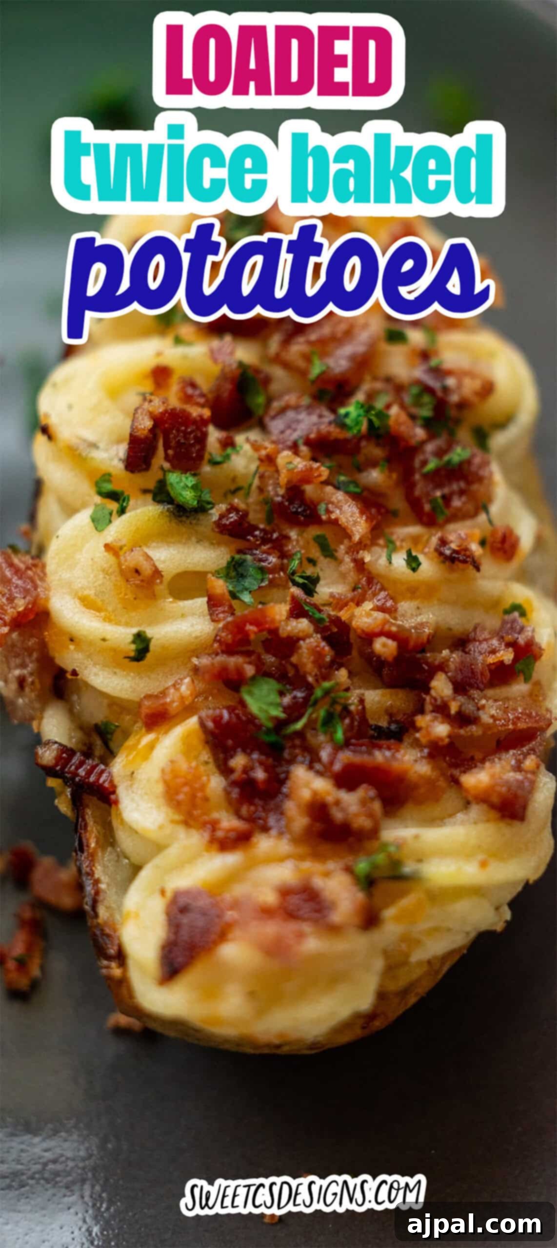 The Ultimate Double-Baked Potato 11 A perfectly golden, loaded twice-baked potato half, generously topped with crispy bacon bits and a sprinkle of fresh parsley, rests on a dark plate, inviting a delicious bite.