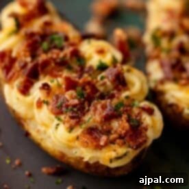 The Ultimate Double-Baked Potato 12 A close-up of Loaded Twice Baked Potatoes topped with melted cheese, crumbled bacon, and chopped herbs on a dark surface.