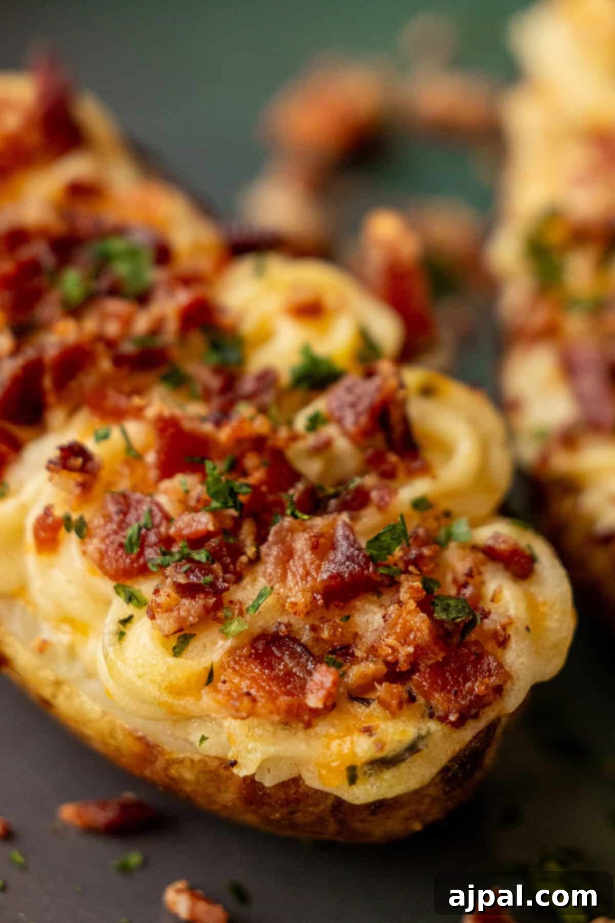 The Ultimate Double-Baked Potato 4 A close-up of a golden-brown twice-baked potato topped with bubbly melted cheddar cheese, crispy bacon bits, and fresh parsley, ready to be served.