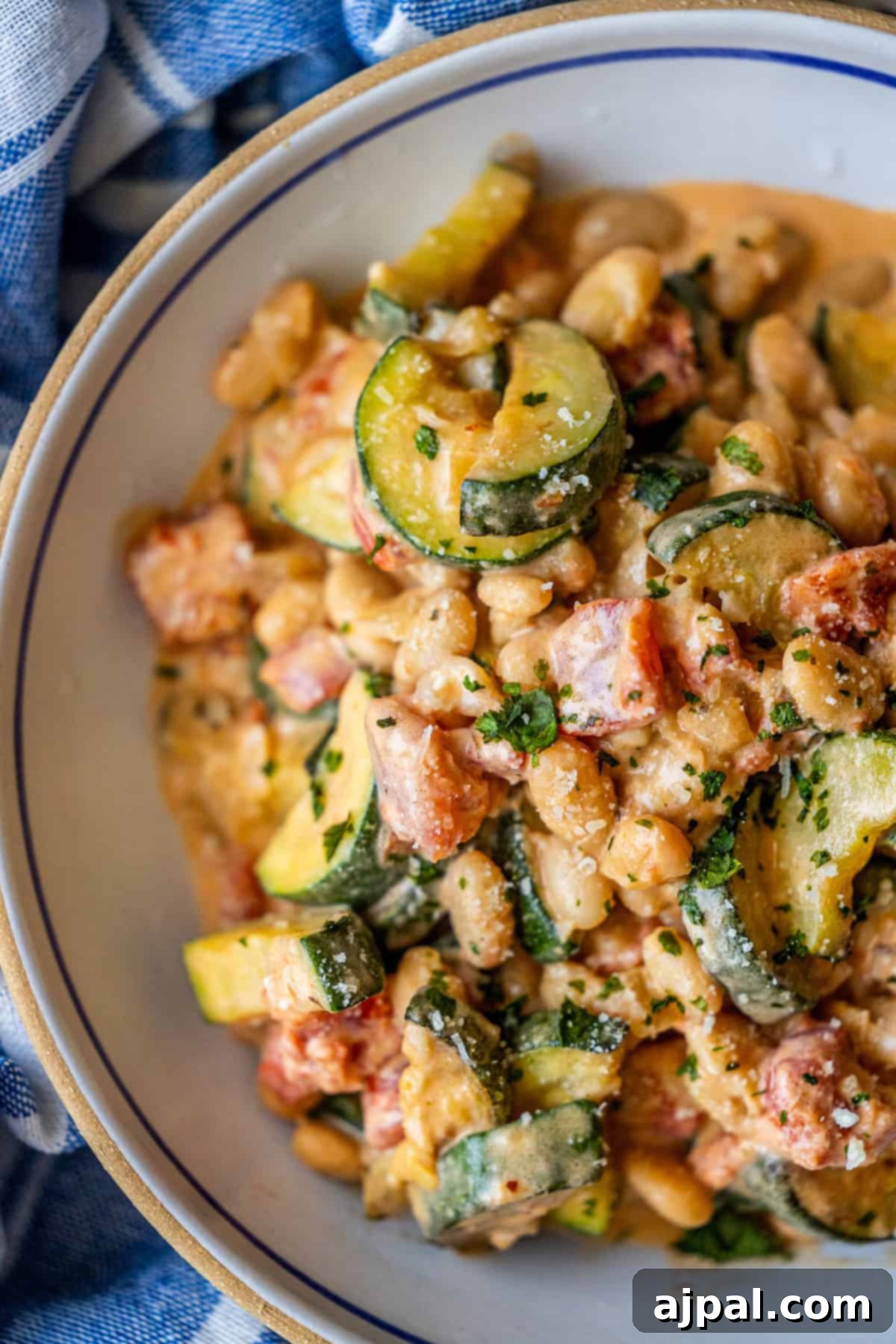 Marry Me Zucchini and Bean Delight 4 A close-up of a bowl containing a rich and creamy Marry Me Zucchini and bean stew with zucchini slices, diced tomatoes, and aromatic herbs.