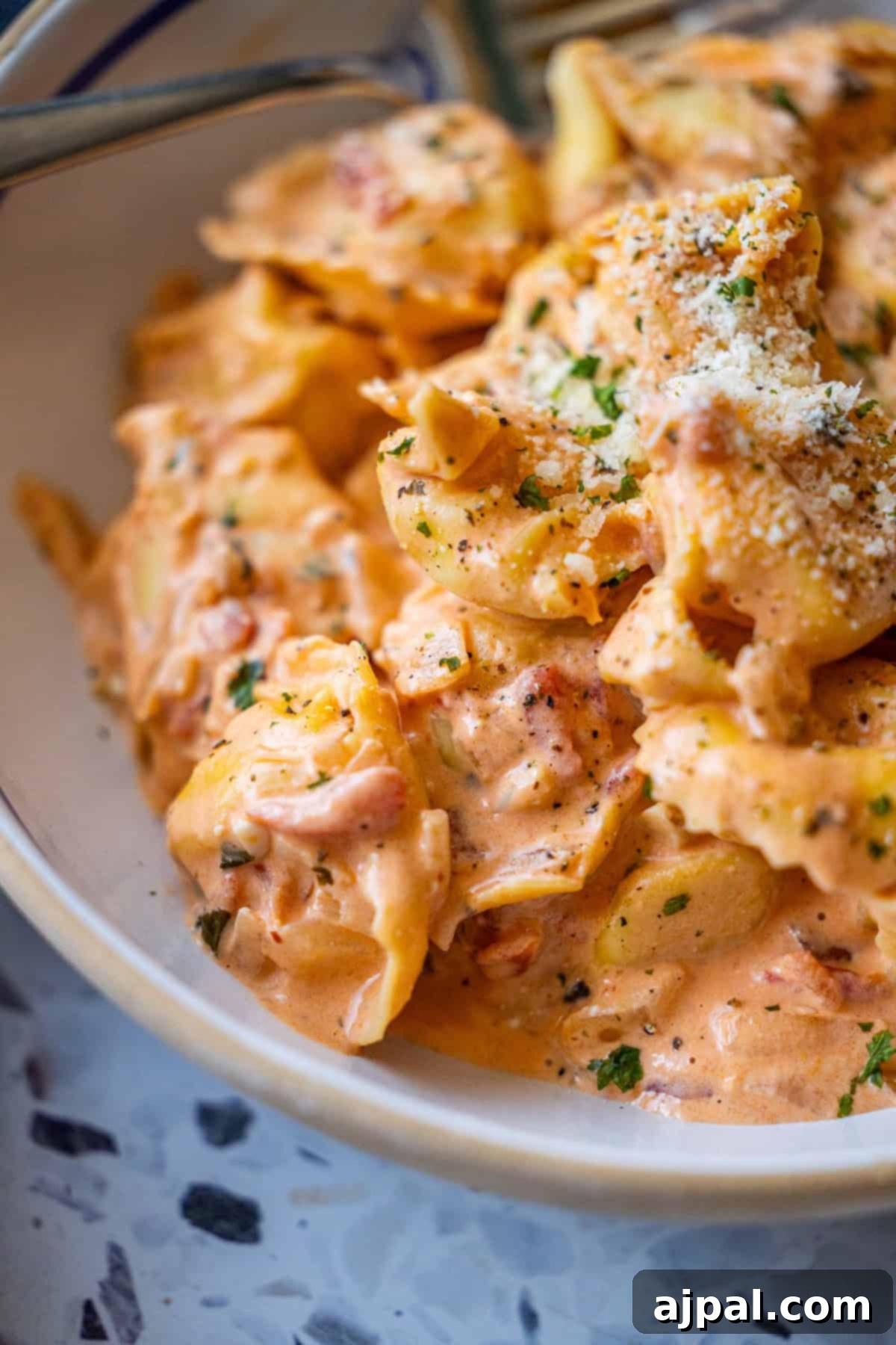 My Edible Soulmate: Tortellini 5 A close-up of creamy tortellini in a rich tomato sauce, garnished with grated cheese and chopped herbs, served in a bowl—perfect for trying a Marry Me Tortellini recipe.