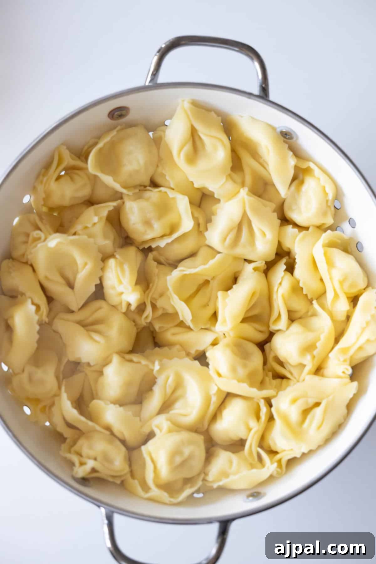 My Edible Soulmate: Tortellini 9 A metal colander filled with cooked cheese tortellini on a white background, perfect for your next Marry Me Tortellini recipe.