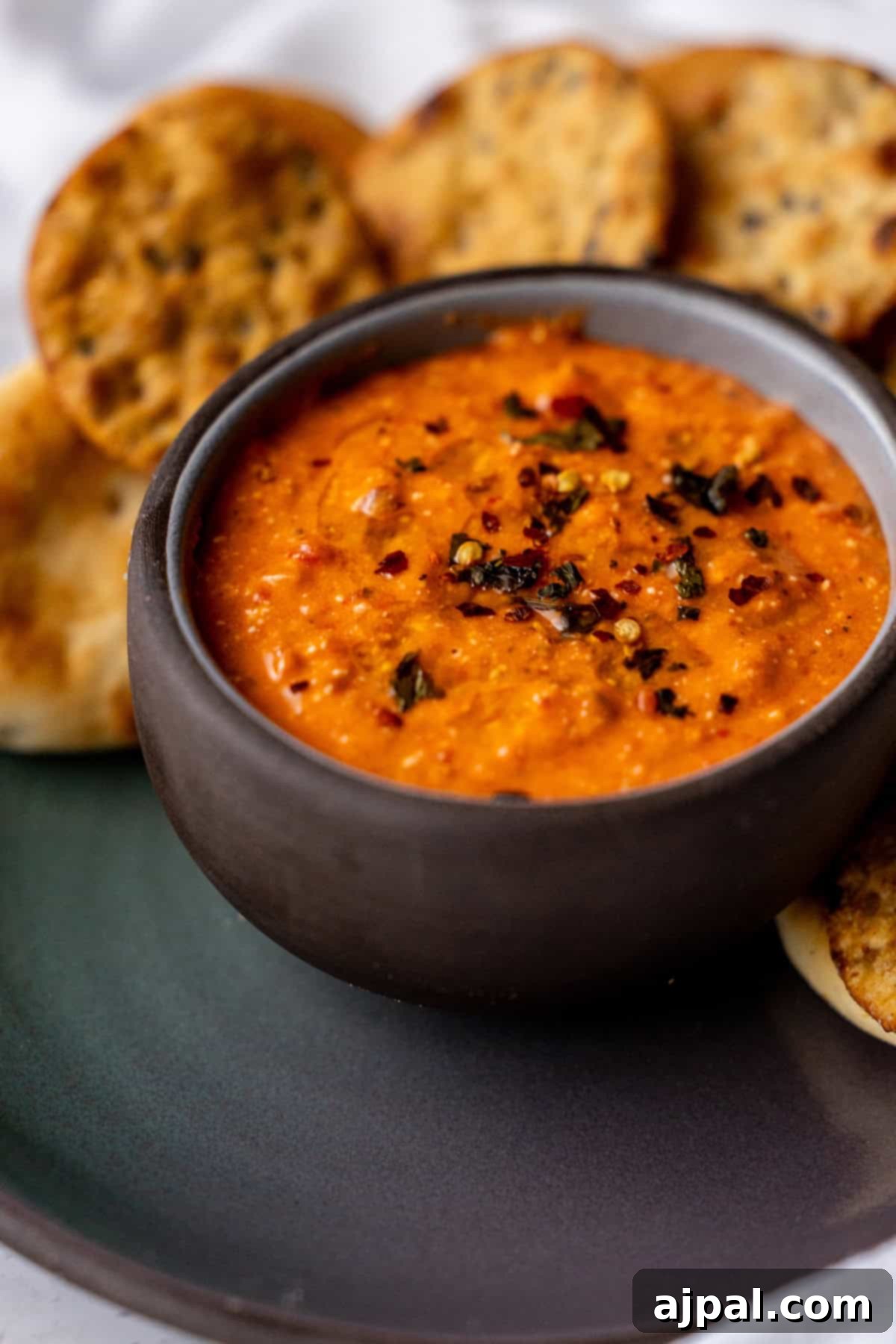 A bowl of red dip topped with herbs and spices is surrounded by round crackers on a dark plate.